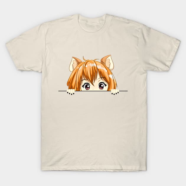 Anime Cat Girl Peeker T-Shirt by PlayfulPandaDesigns